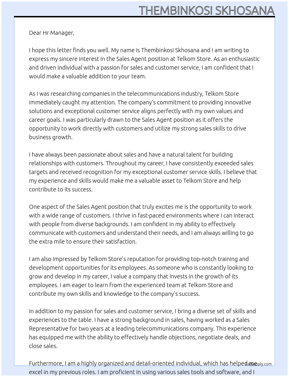 Sales Agent At Telkom Store Cover Letter