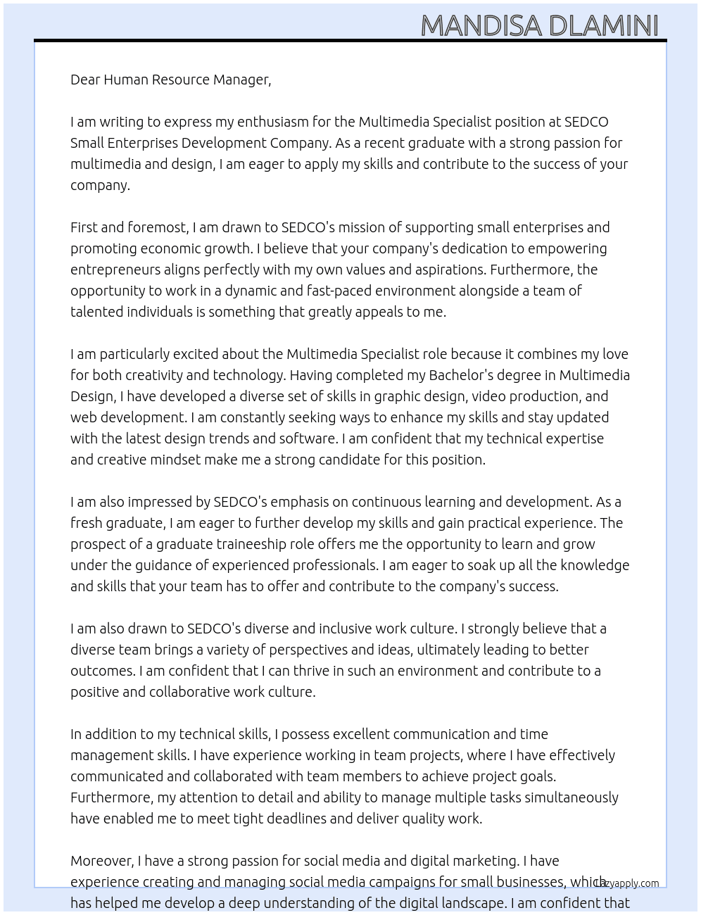 Multimedia Specialist At SEDCO Small Enterprises Development Company  Cover Letter