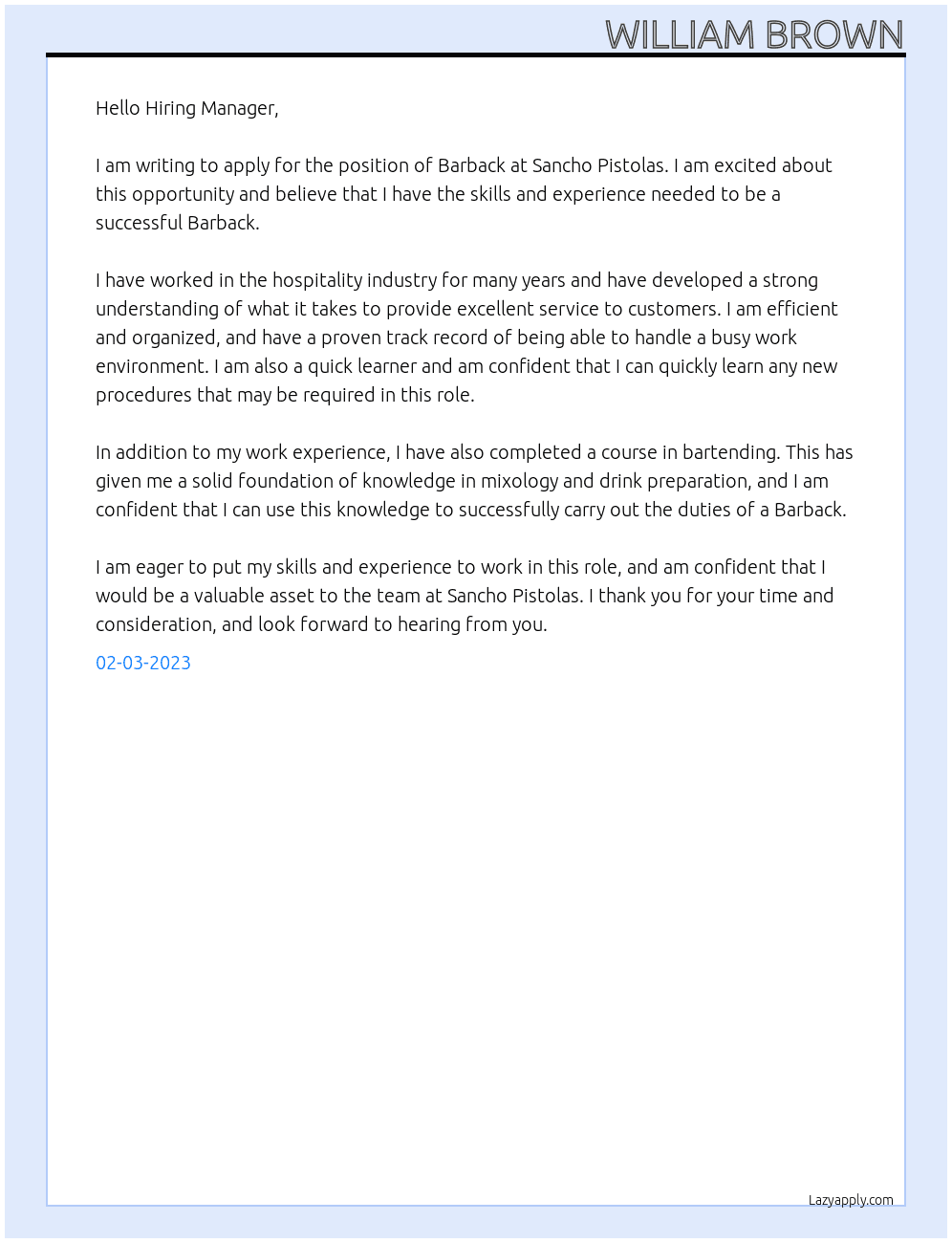 Barback At Sancho Pistolas Cover Letter
