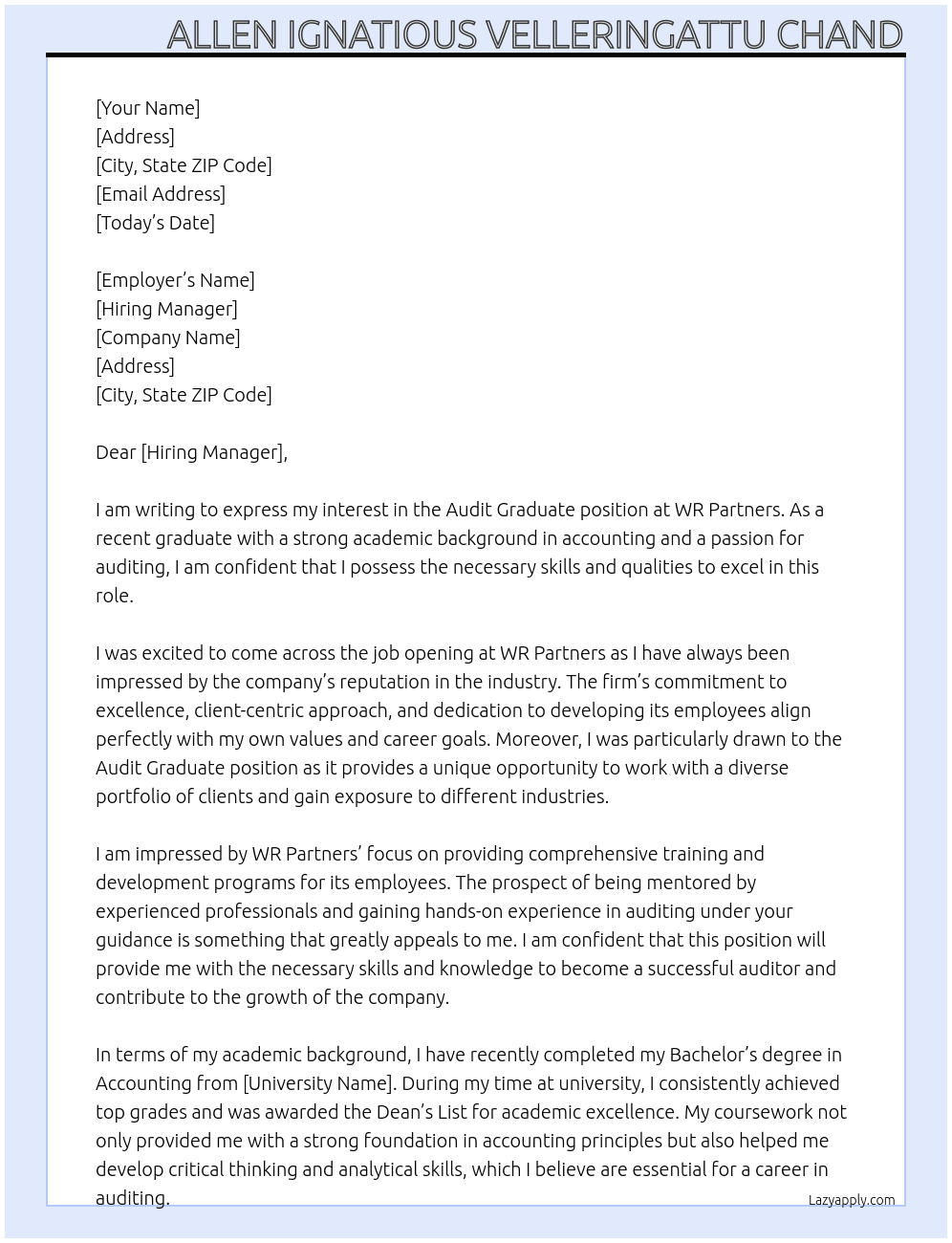 audit graduate At WR Patners Cover Letter