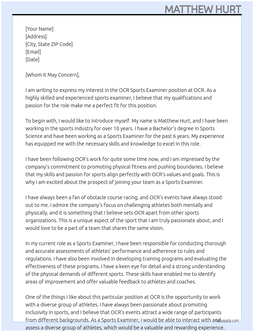 OCR Sports Examiner At OCR  Cover Letter