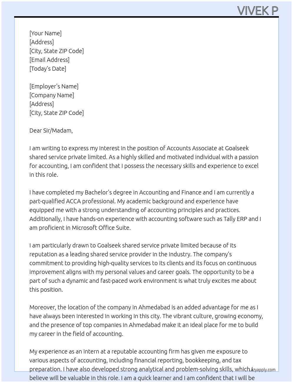 Accounts associate At Goalseek shared service private limited  Cover Letter