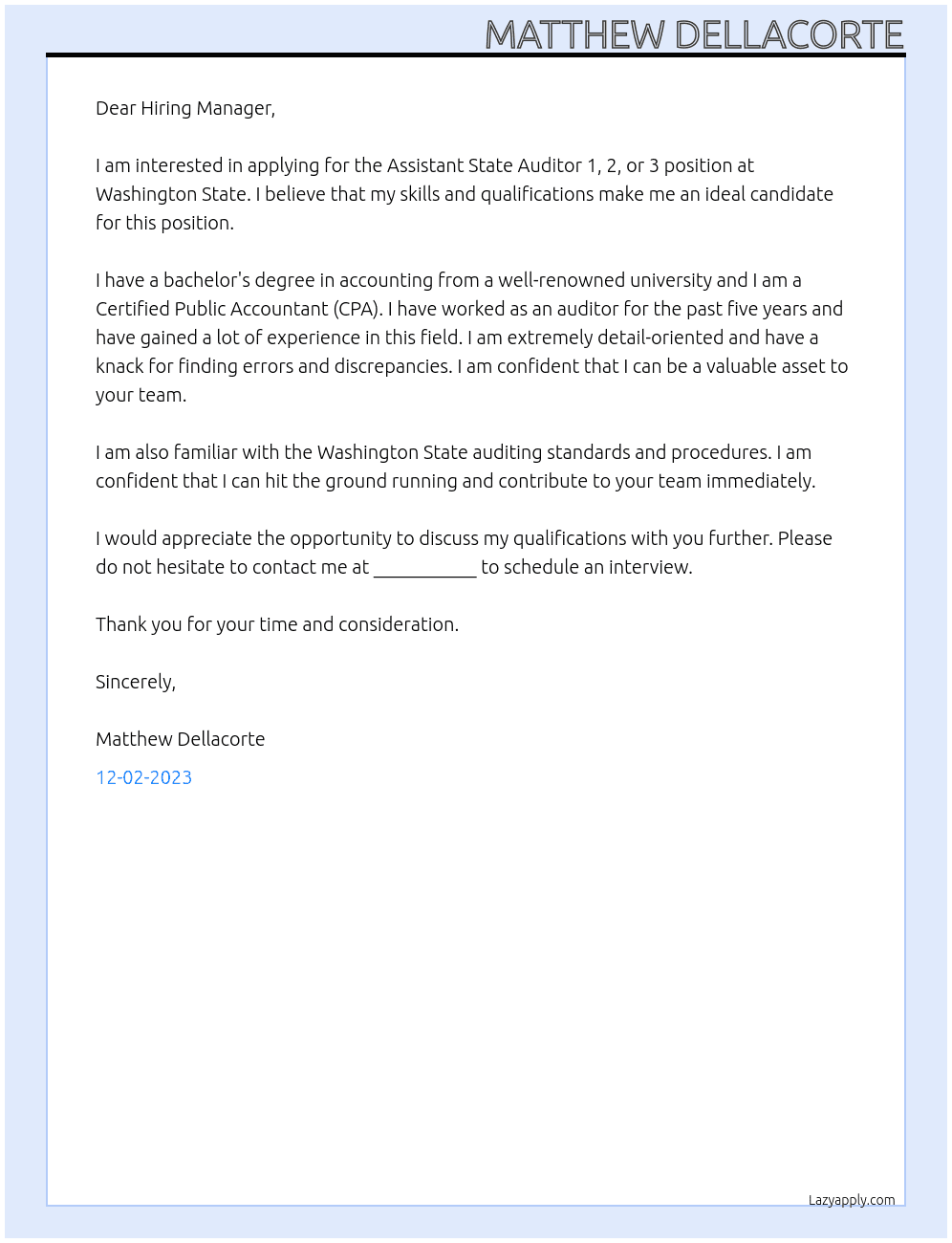 Assistant State Auditor 1, 2, or 3 At Washington State Cover Letter