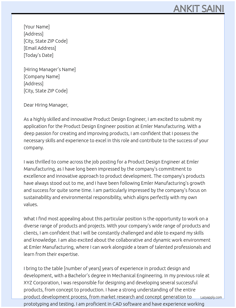 PRODUCT DESIGN ENGINEER At EMLER MANUFACTURING Cover Letter