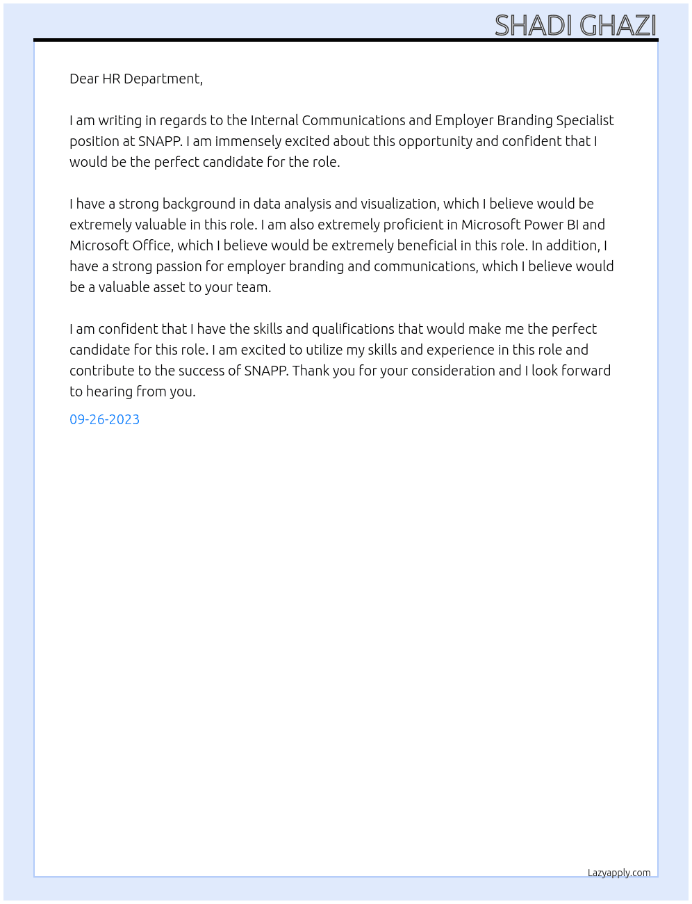 Internal Communications and Employer Branding Specialist At SNAPP Cover Letter