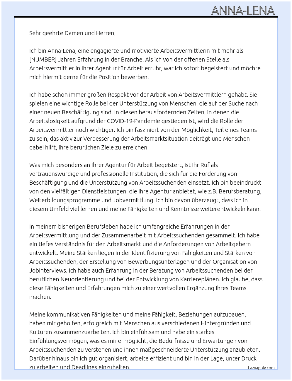 Arbeitsvermmittler At Agentur für Arbeit  Cover Letter