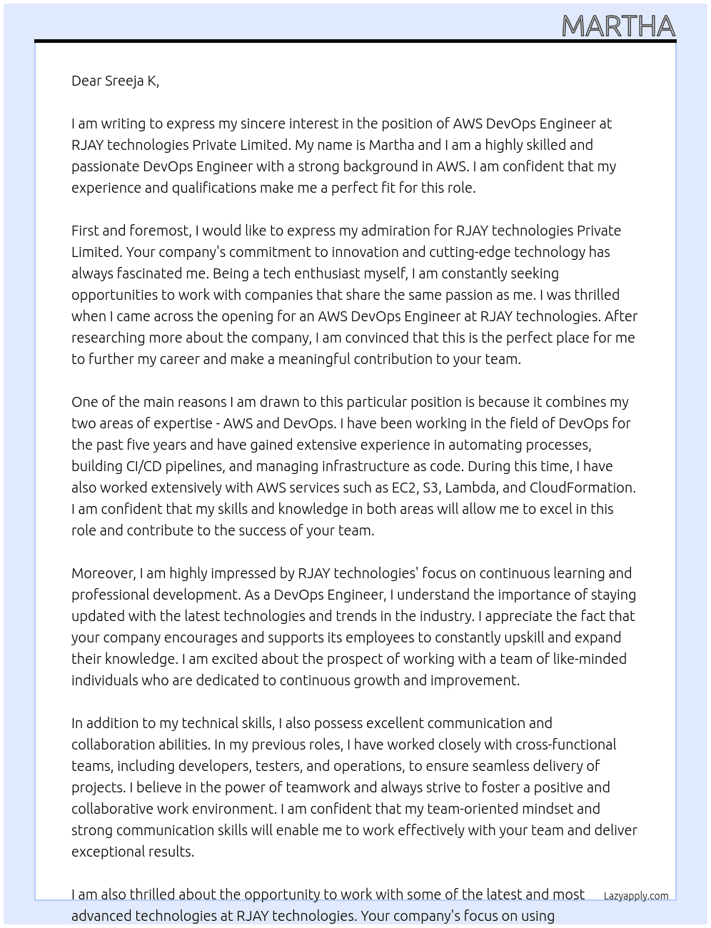 aws DevOps engineer At RJAY technologies Private Limited Cover Letter