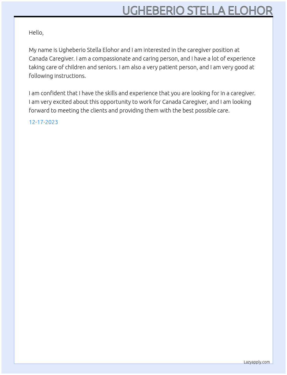 caregiver At CANADA CAREGIVER Cover Letter