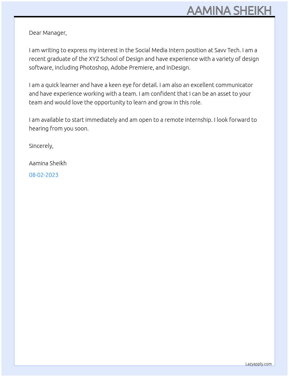 Social Media Intern At Savv Tech Cover Letter