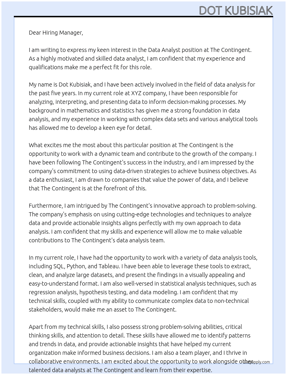 Data Analyst At The Contingent Cover Letter