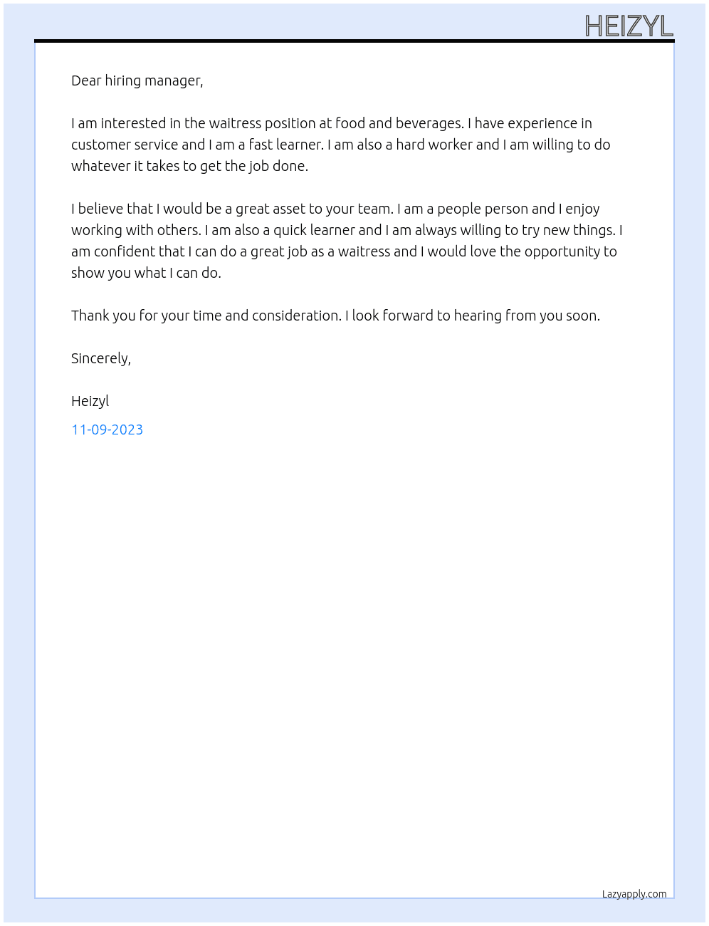 waitress At food and beverages Cover Letter