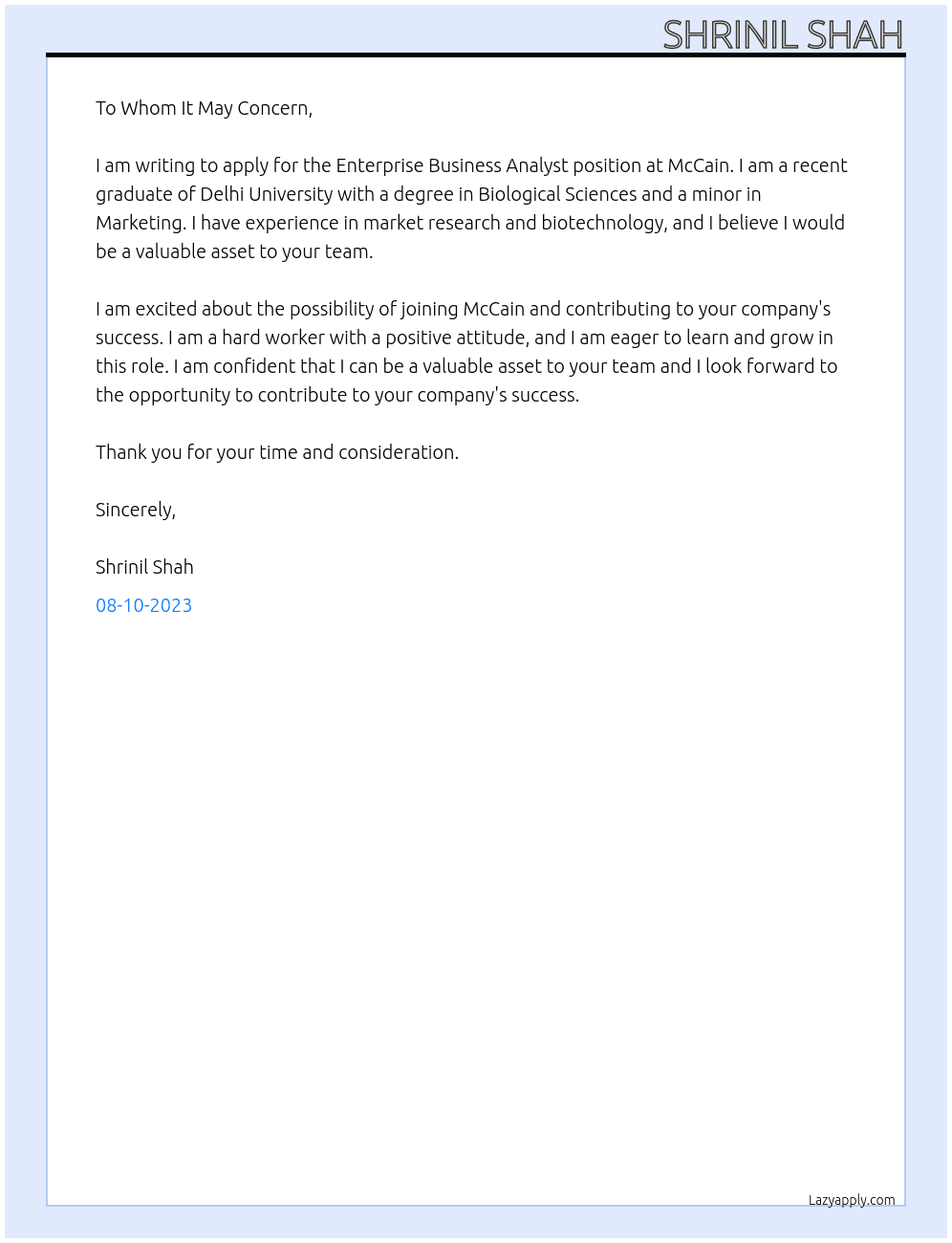 Enterprise Business Analyst At McCain Cover Letter