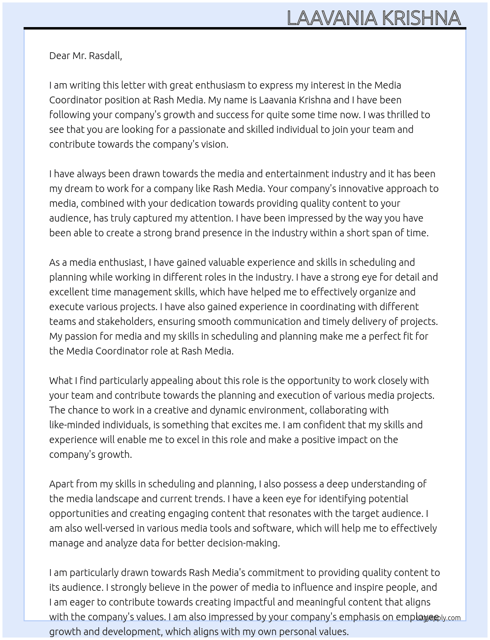Media Coordinator At Rash Media Cover Letter