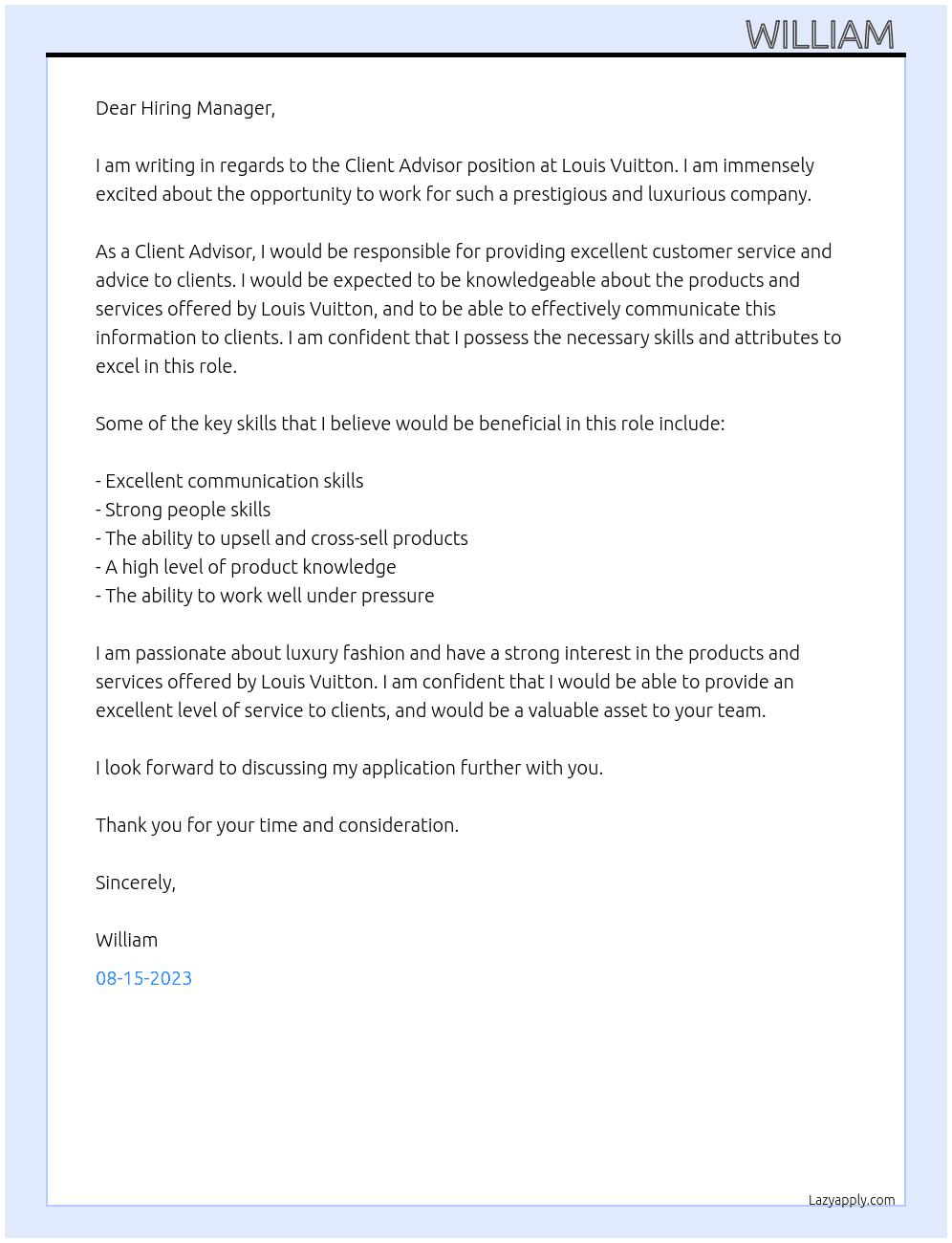  Client advisor  At Louis Vuitton  Cover Letter