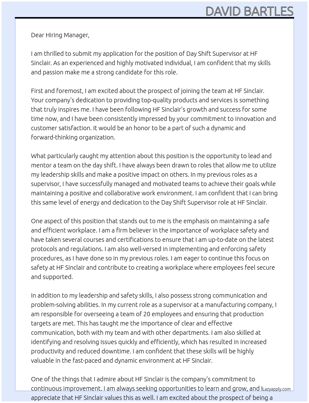 Day Shift Supervisor At HF Sinclair Cover Letter