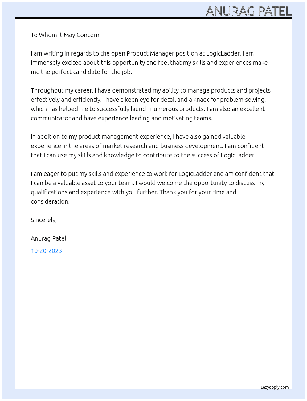 Product Manager At LogicLadder Cover Letter