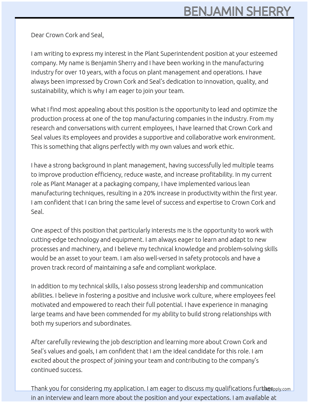 Plant superintendent  At Crown cork and seal  Cover Letter