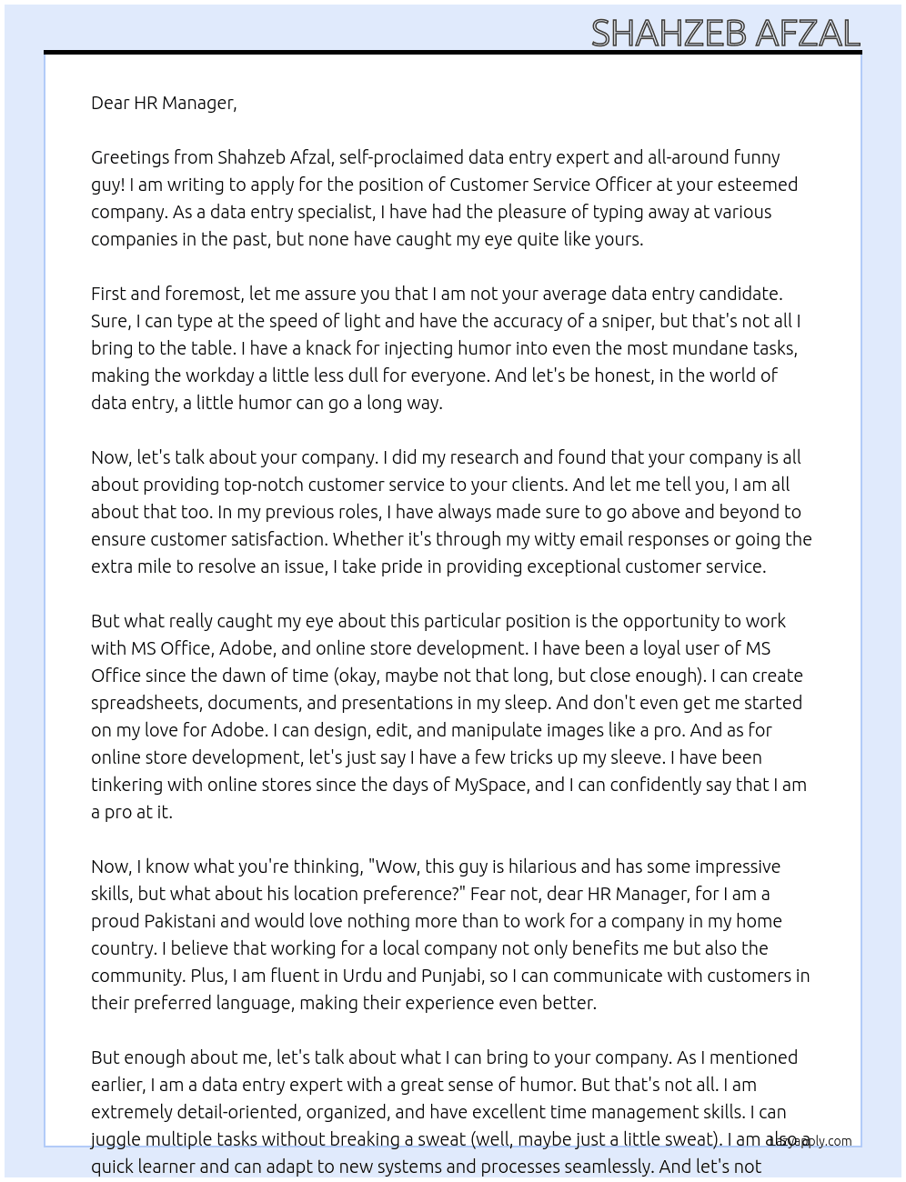 data entry  At Customer service officer Cover Letter