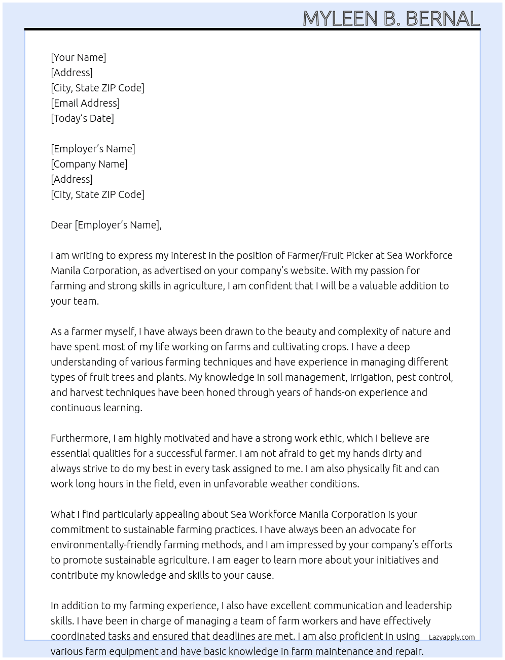 farmer/ fruit picker At sea workforce manila corporation Cover Letter
