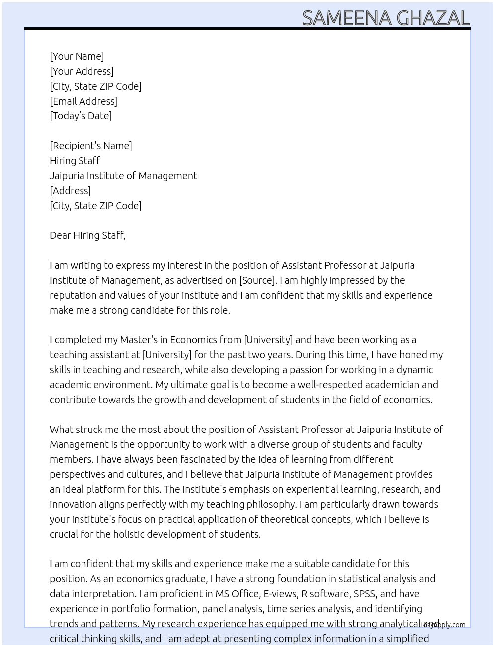 Assistant Professor At Jaipuria Institute of Management Cover Letter