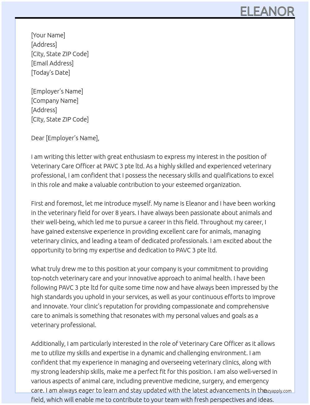Veterinary care officer At PAVC 3 pte ltd Cover Letter