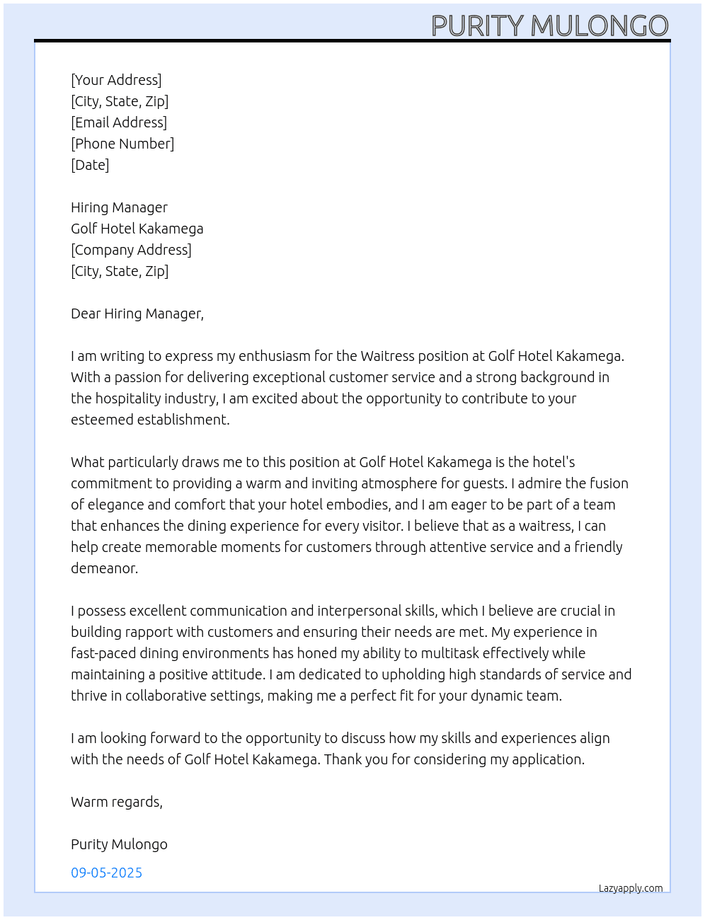 Waitress At Golf Hotel Kakamega Cover Letter