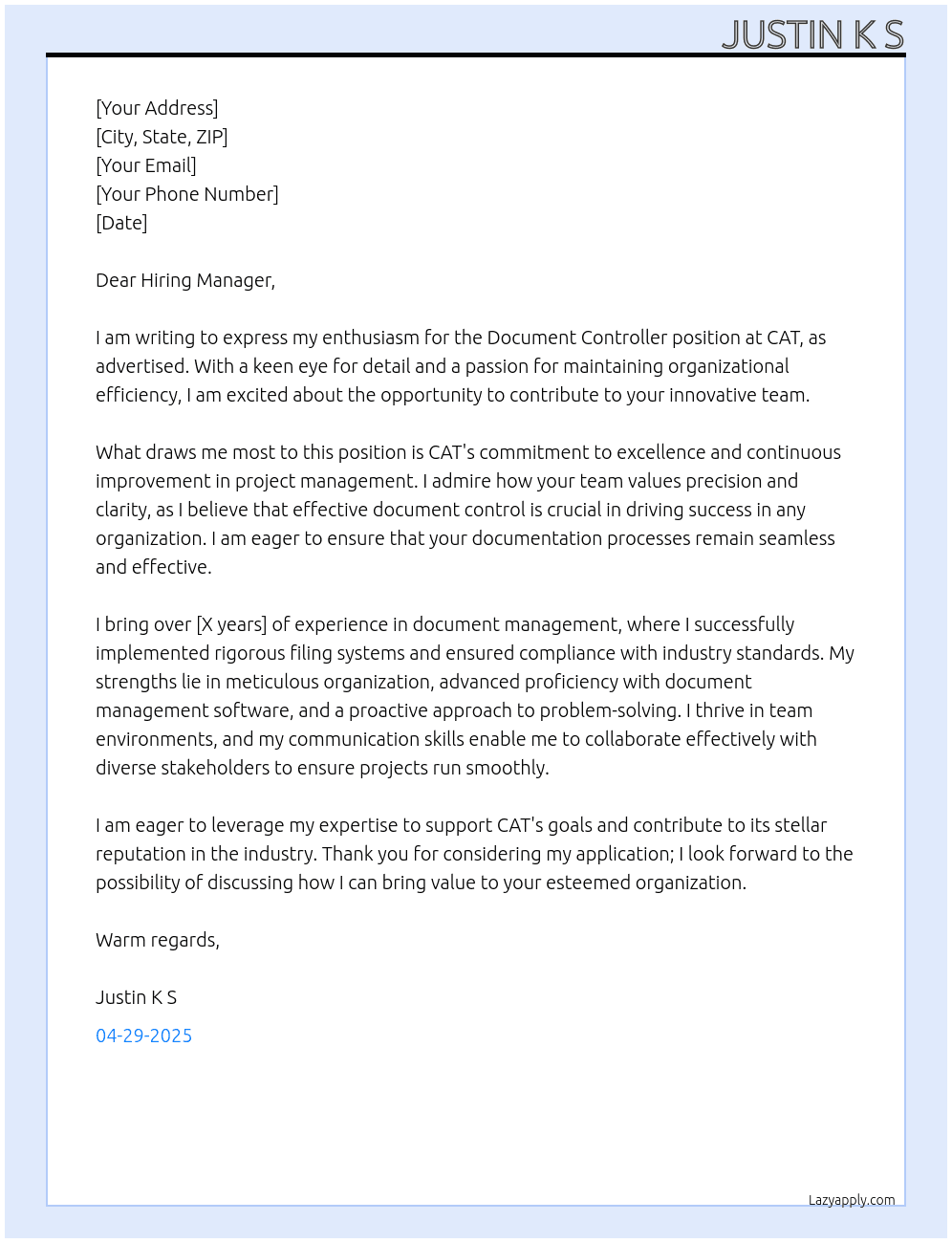 Document controller  At CAT Cover Letter