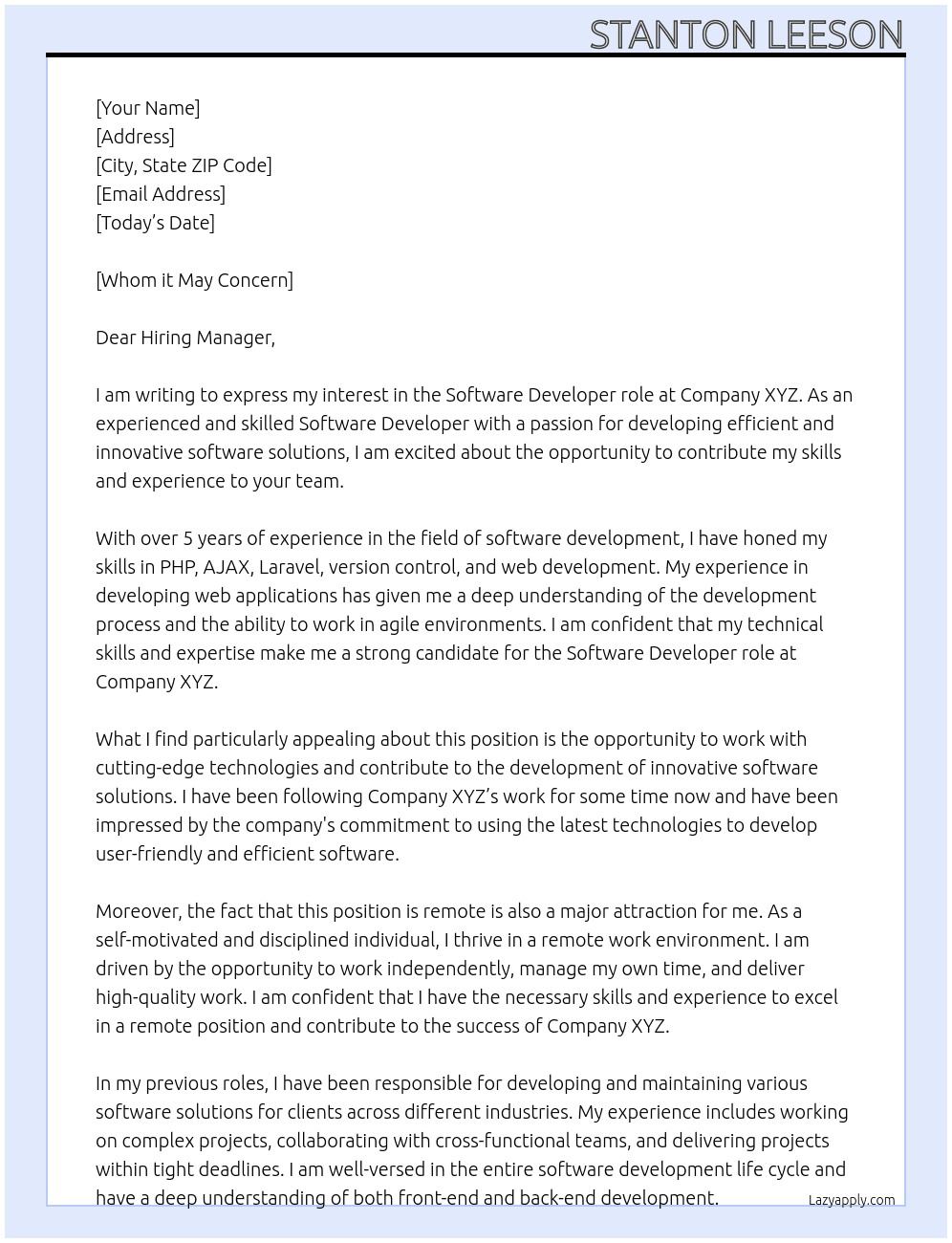 Software Developer At Company XYZ Cover Letter