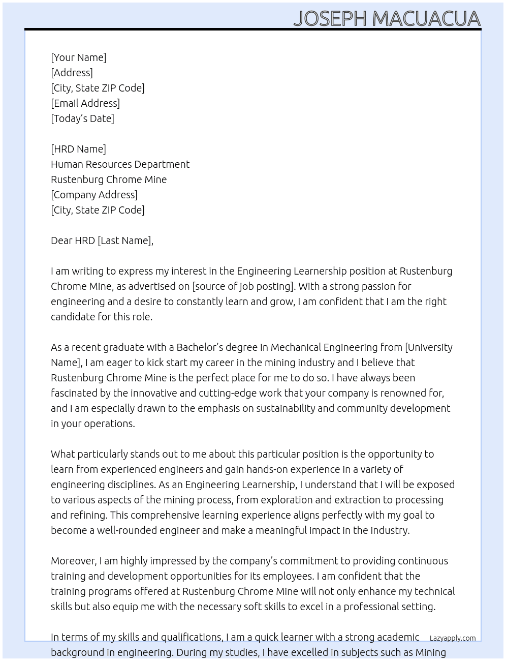 engineering leanership At Rustenburg Chrome Mine Cover Letter