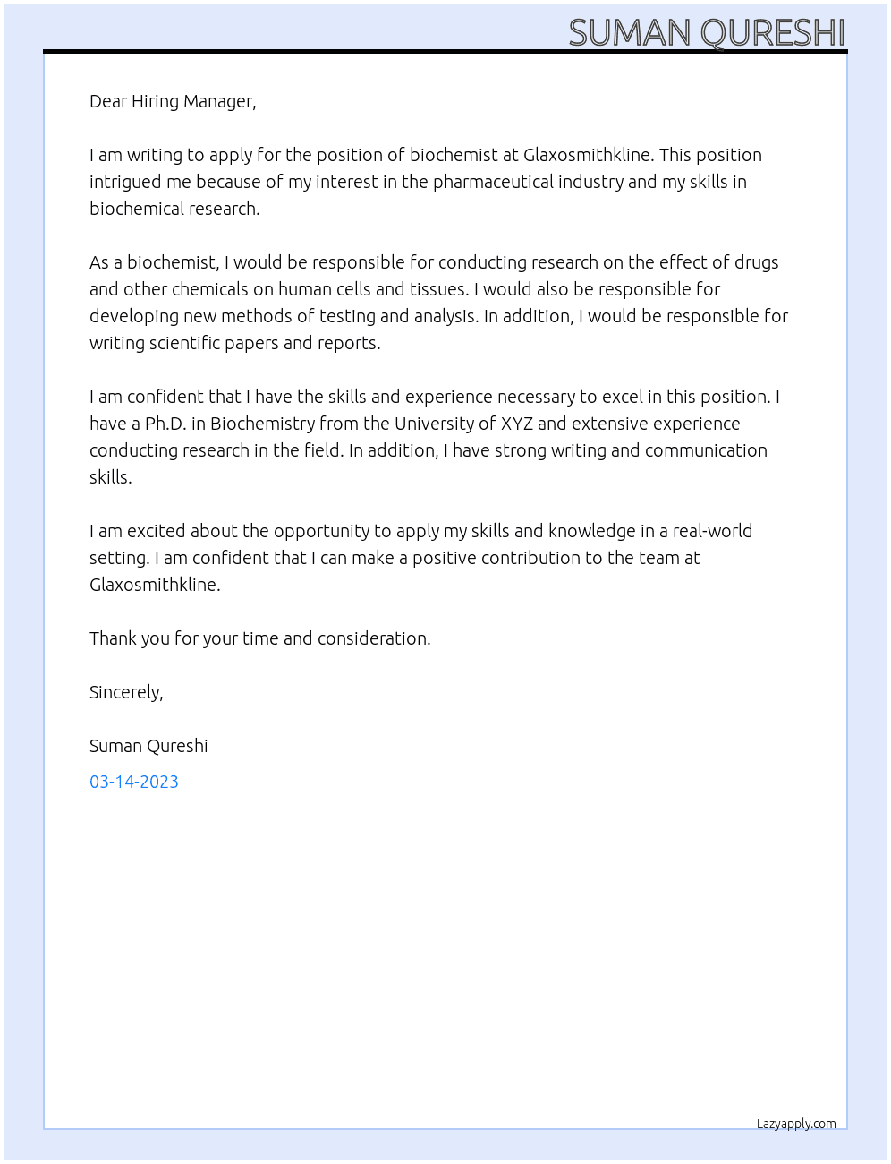 biochemist At Glaxosmithkline Cover Letter