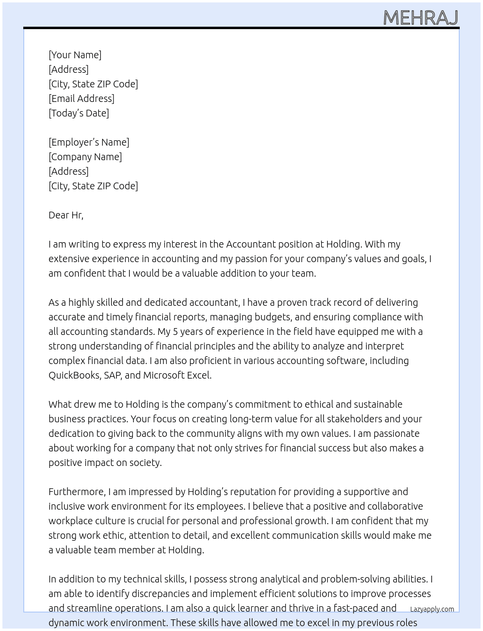 Accountant At Holding Cover Letter