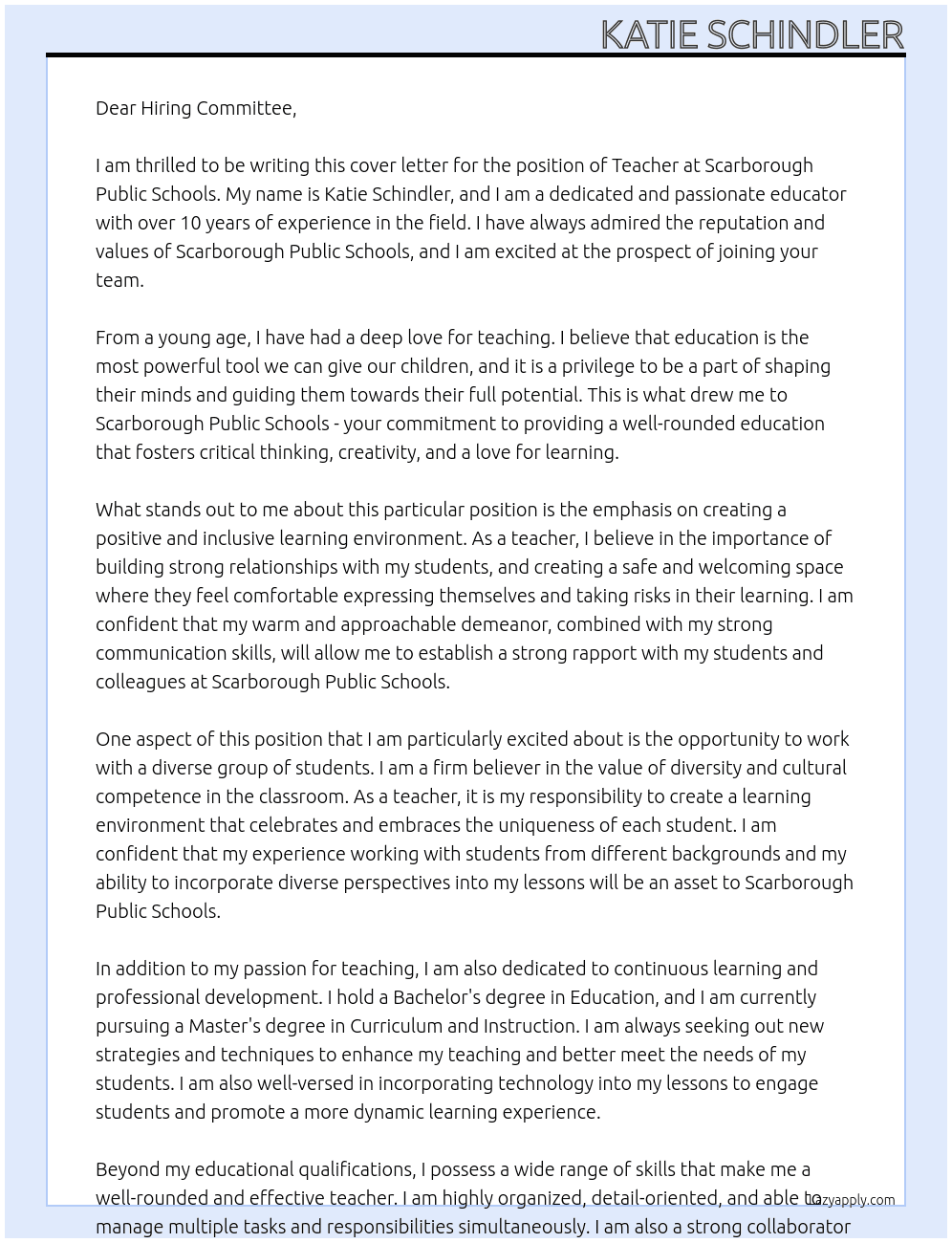 Teacher At Scarborough Public Schools Cover Letter