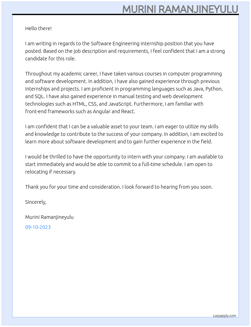 Software Engineering internship At intern Cover Letter