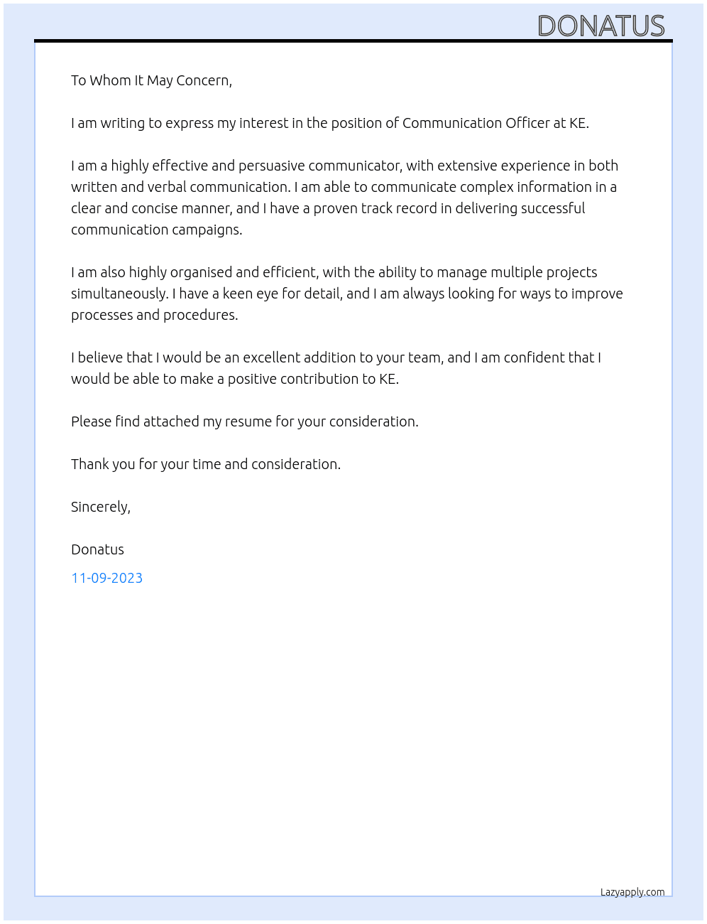 COOMUNICATION OFFICER  At KE Cover Letter