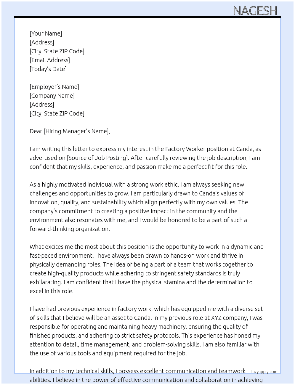 Factory workee At Canda  Cover Letter