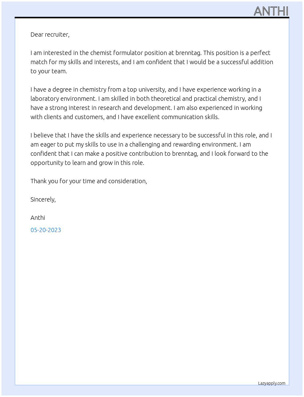 chemist formulator At brenntag Cover Letter
