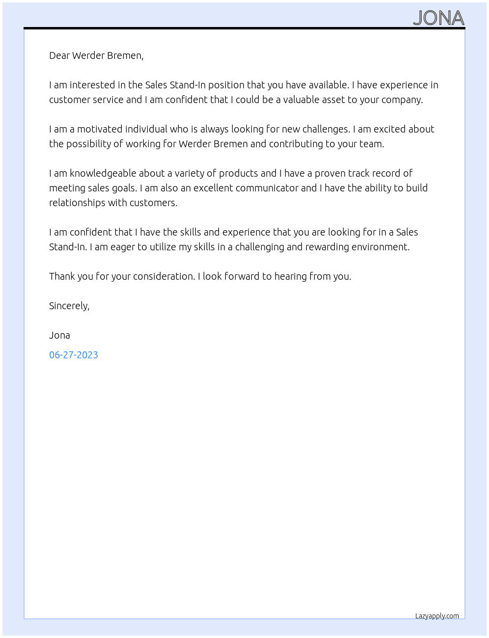 sales stand-in At werder bremen  Cover Letter