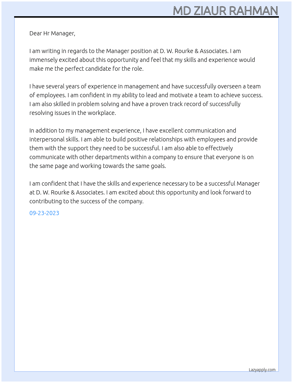 Manager At D. W. Rourke & Associates  Cover Letter