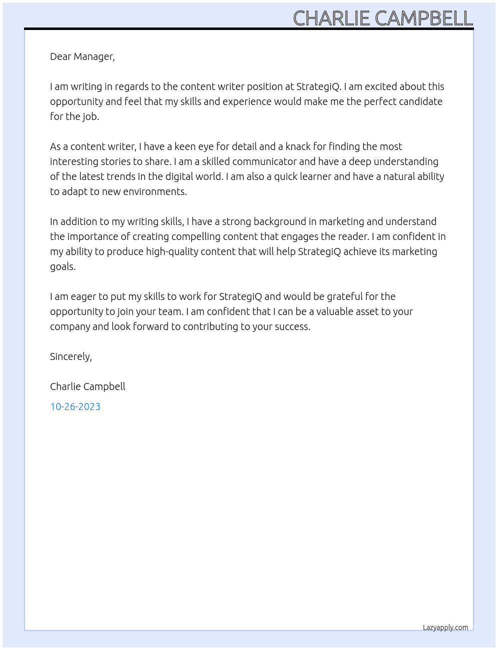Content Writer At StrategiQ Cover Letter