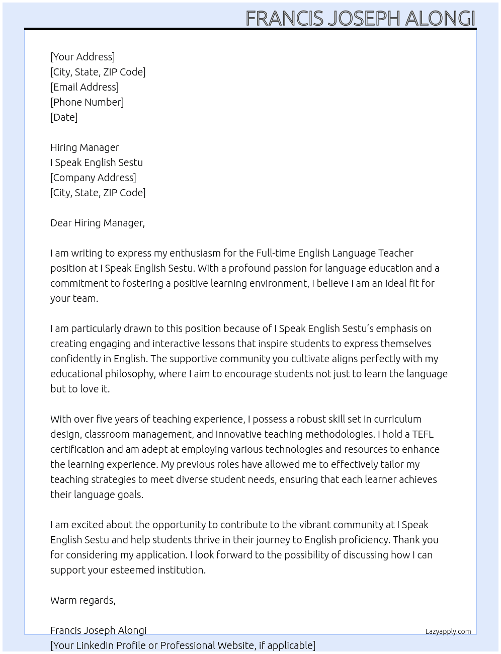 Full-time English Language Teacher At I speak English Sestu Cover Letter