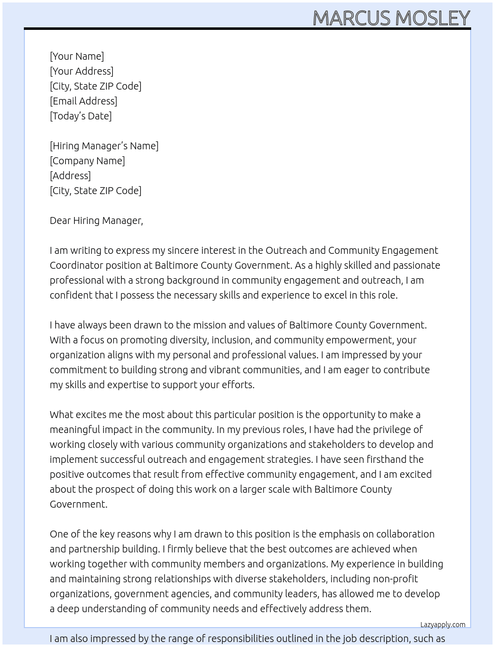 Outreach and Community Engagement Coordinator At Baltimore County Government Cover Letter