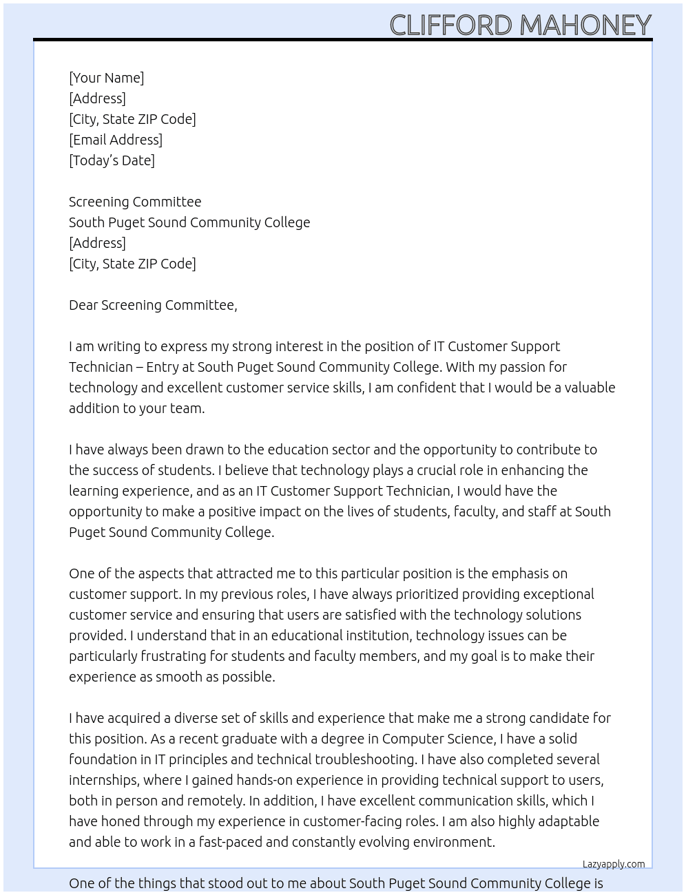 Cover letter for it customer support technician - entry - LazyApply