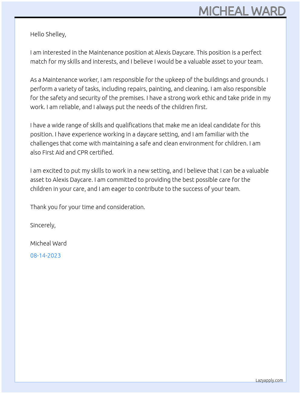 Maintenance  At Alexis Daycare Cover Letter