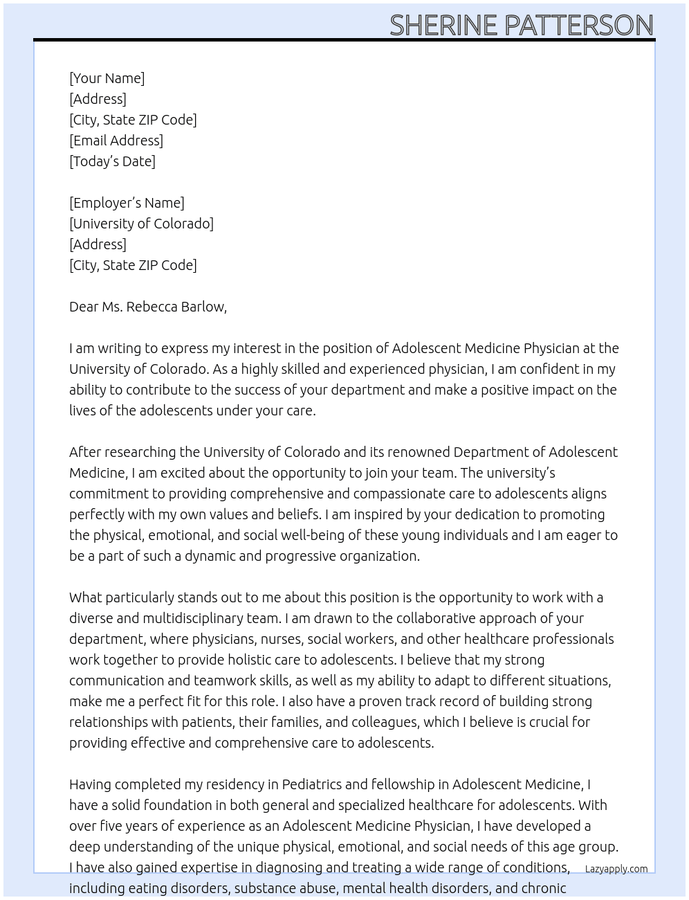Adolescent Medicine Physician At Univeristy of Colorado Cover Letter