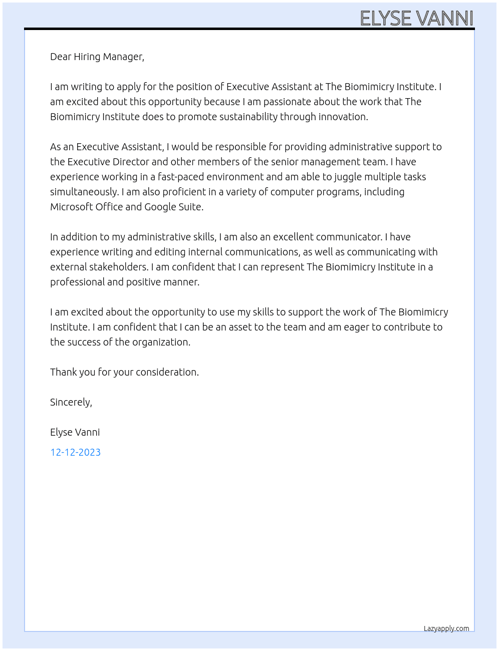 Executive Assistant  At The Biomimicry Institute Cover Letter