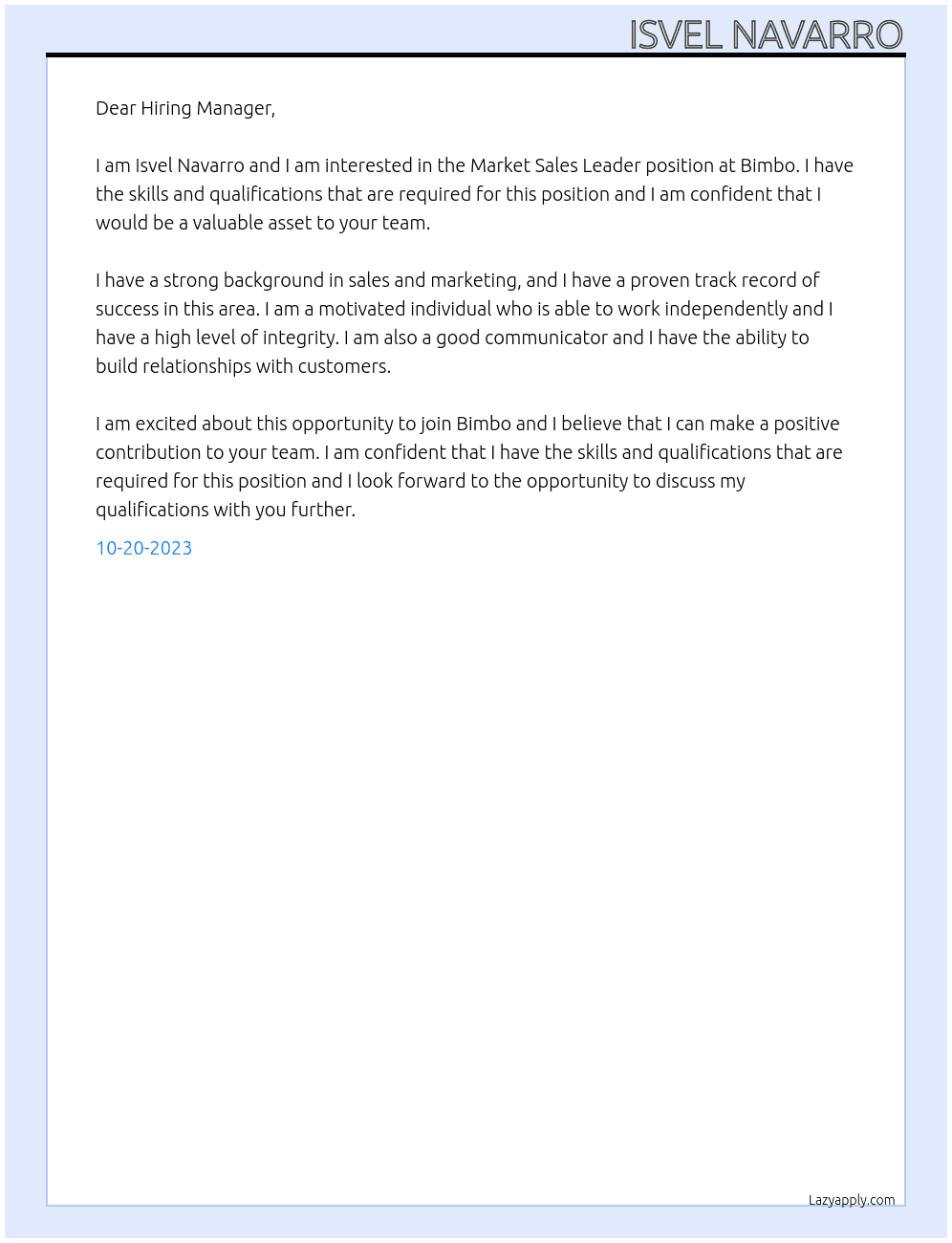 Market Sales Leader At Bimbo Cover Letter