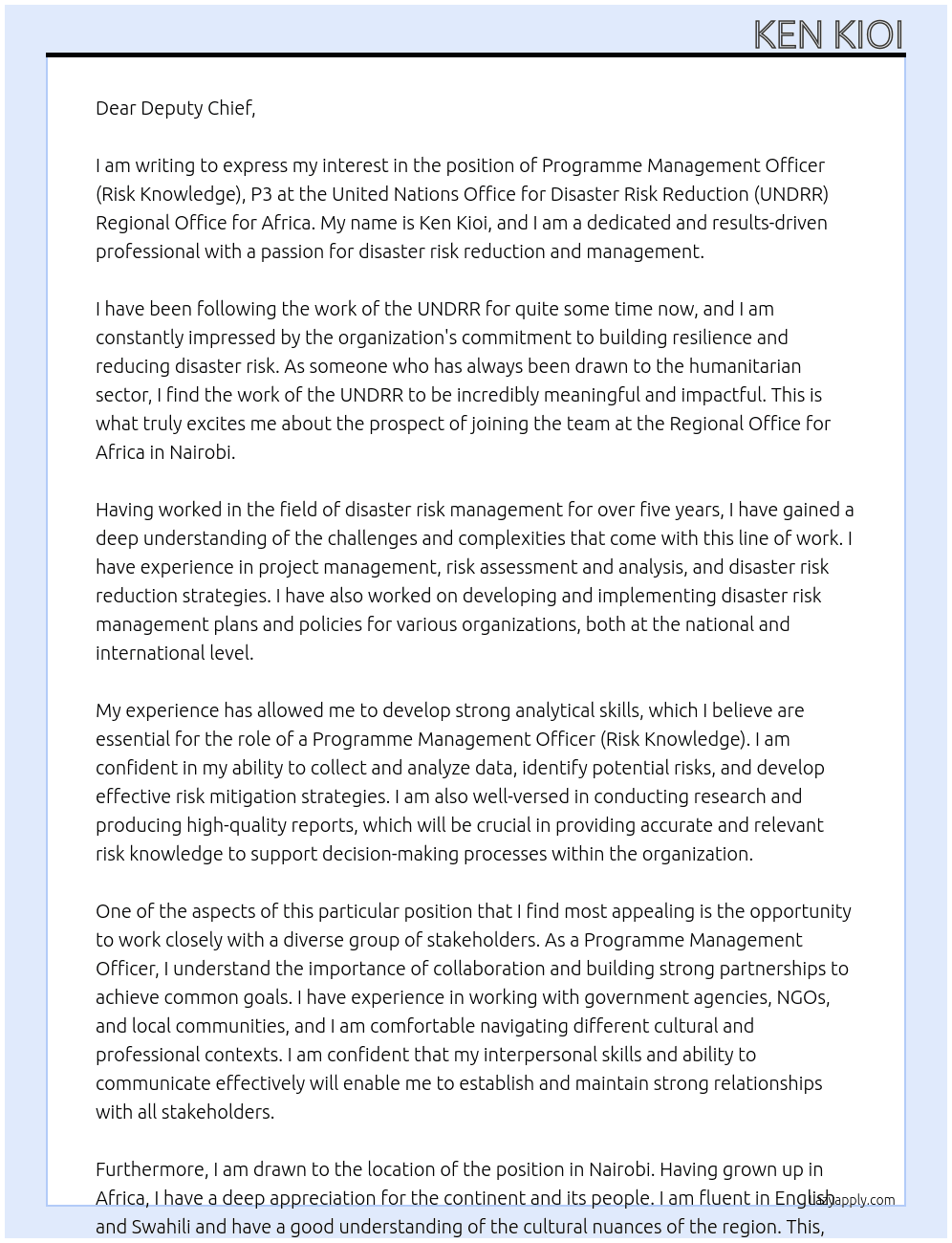 PROGRAMME MANAGEMENT OFFICER (Risk Knowledge), P3 At United Nations Office for Disaster Risk Reduction Cover Letter