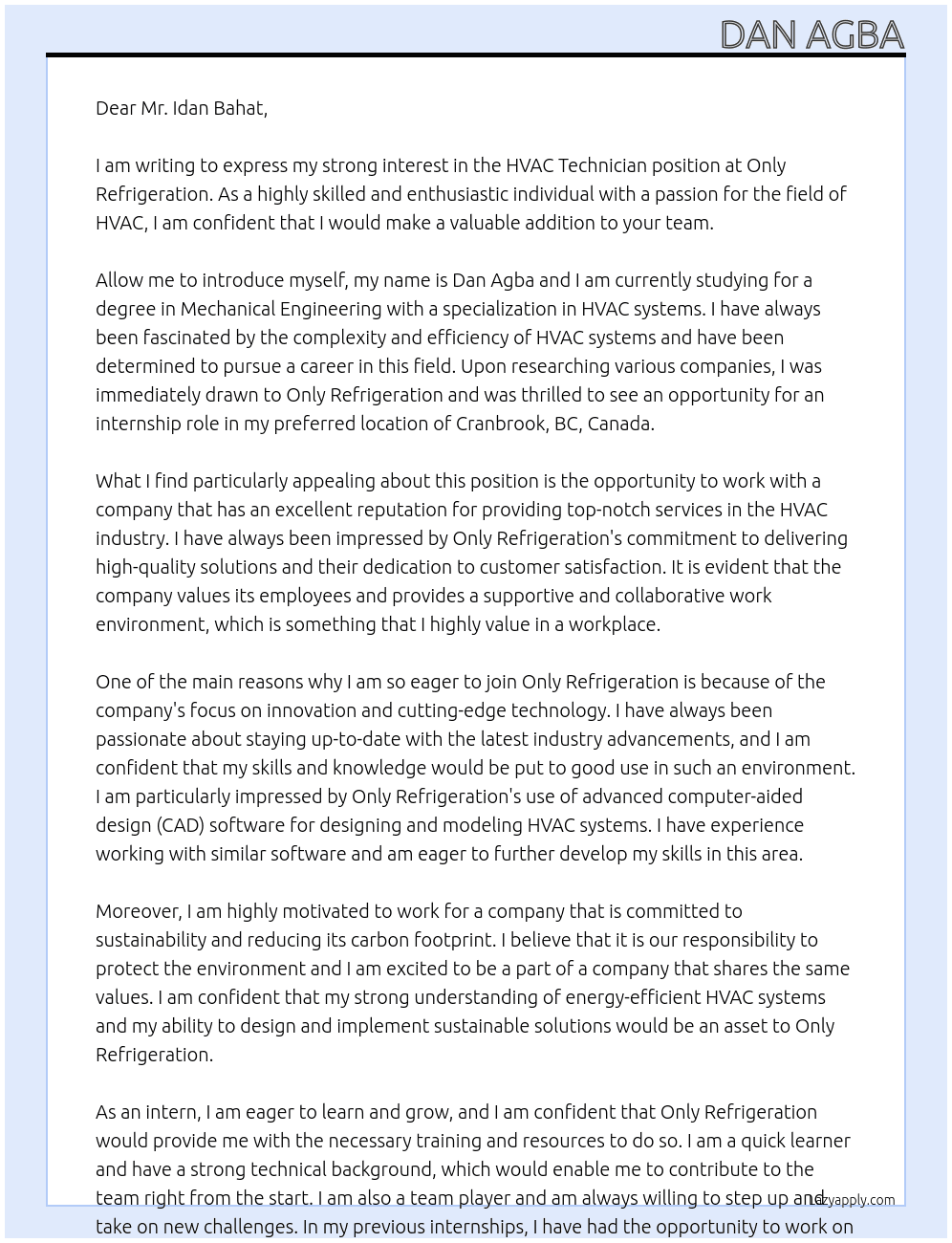 Hvac technician  At Only refrigeration  Cover Letter