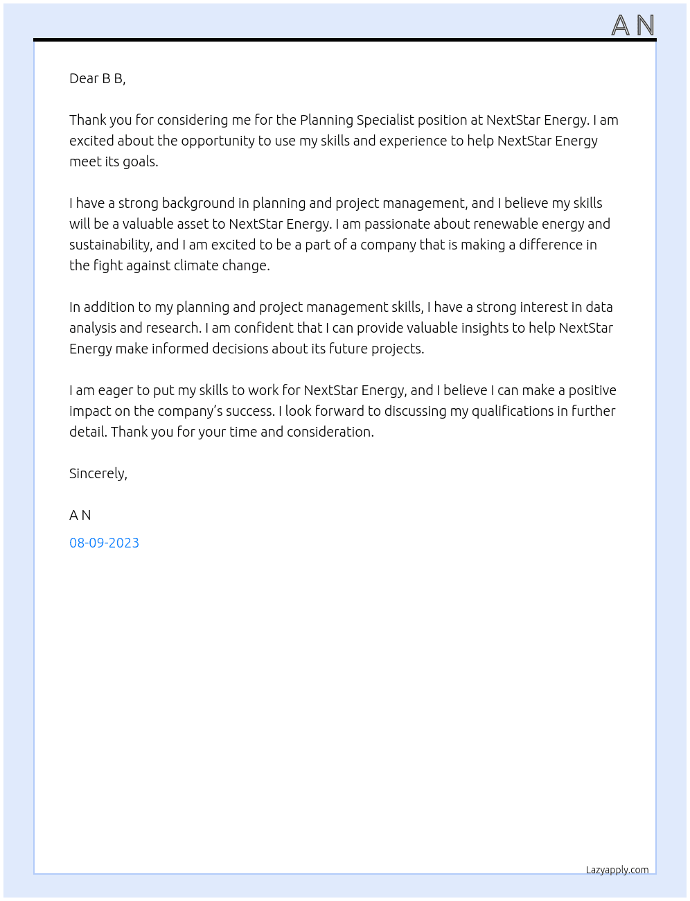 Planning Specialist At NextStar Energy Cover Letter