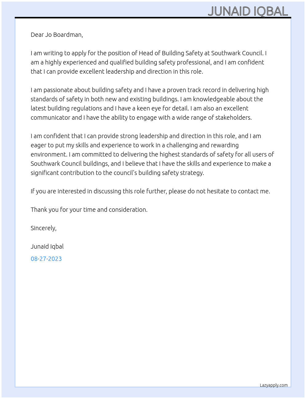 Head of Building Safety At Southwark Council Cover Letter